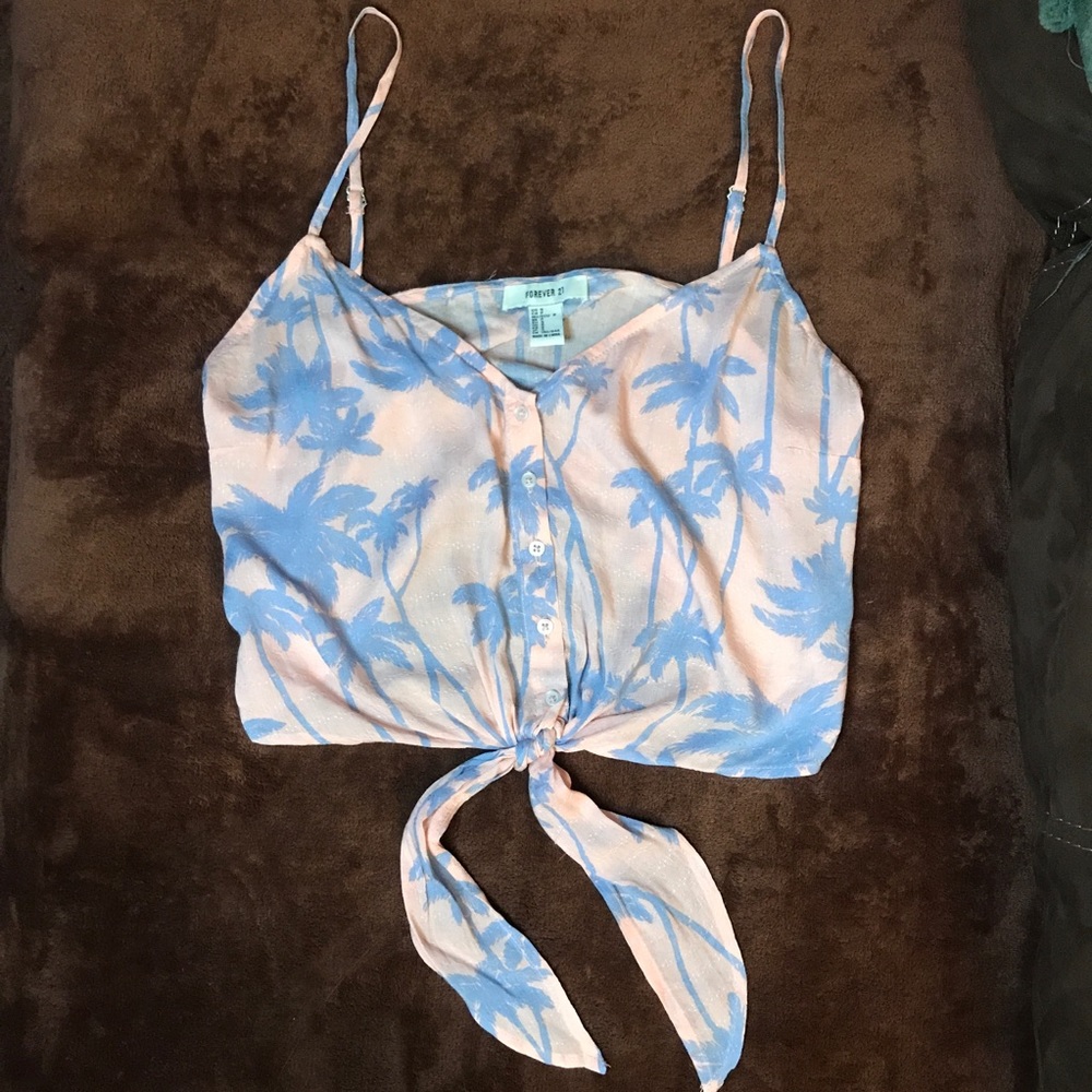 Forever21 salmon pink & blue front tie palm tank S